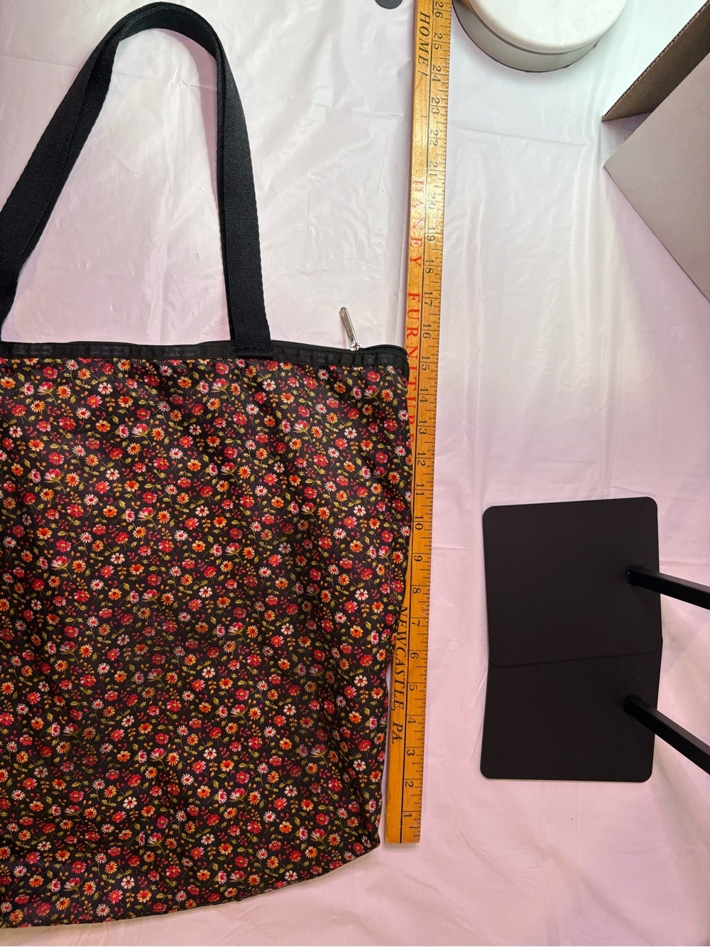 Vintage LeSportSac Floral Print Black Tote Bag with Red & Pink Accents